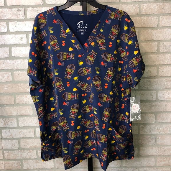 NWT Maevn Pumpkin Spice printed V-neck Short Sleeve Scrub Top - Picture 1 of 11
